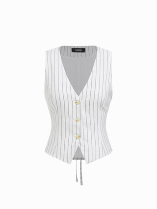 Linen-blend V-neck Striped Sleeveless Top & Mid Rise Tapered Trousers Set