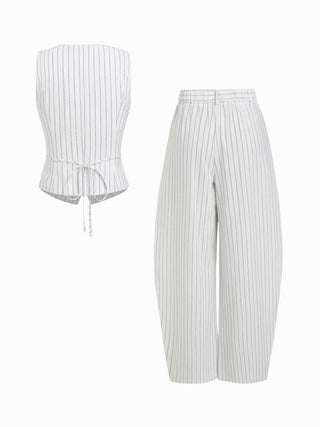 Linen-blend V-neck Striped Sleeveless Top & Mid Rise Tapered Trousers Set