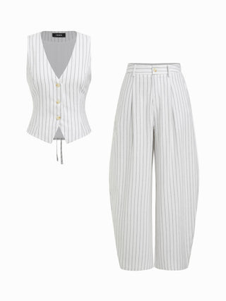 Linen-blend V-neck Striped Sleeveless Top & Mid Rise Tapered Trousers Set