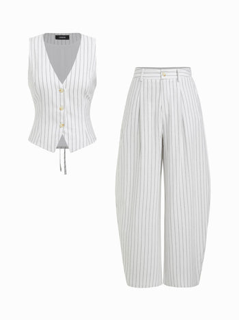 Linen-blend V-neck Striped Sleeveless Top & Mid Rise Tapered Trousers Set