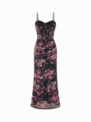 Mesh Sweetheart Neck Floral Ruched High Rise Maxi Dress