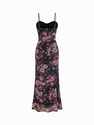 Mesh Sweetheart Neck Floral Ruched High Rise Maxi Dress