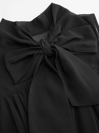 Chiffon Stand Collar Drawstring Ruffled A-line Mini Dress With Scarf