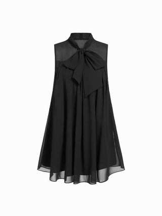 Chiffon Stand Collar Drawstring Ruffled A-line Mini Dress With Scarf