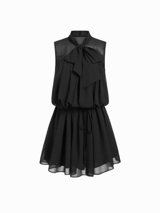 Chiffon Stand Collar Drawstring Ruffled A-line Mini Dress With Scarf