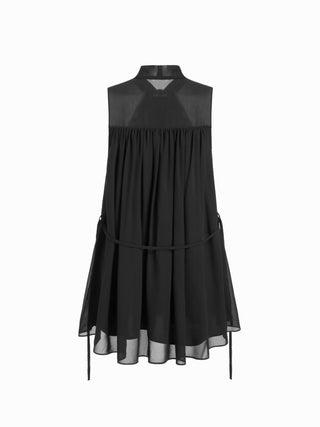 Chiffon Stand Collar Drawstring Ruffled A-line Mini Dress With Scarf