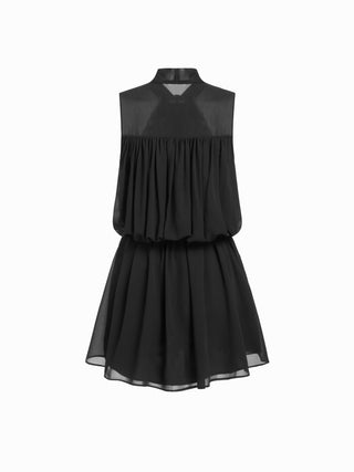 Chiffon Stand Collar Drawstring Ruffled A-line Mini Dress With Scarf