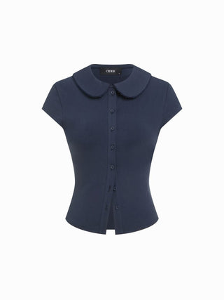 Cotton-blend Collar Lace Trim Button Front Tee