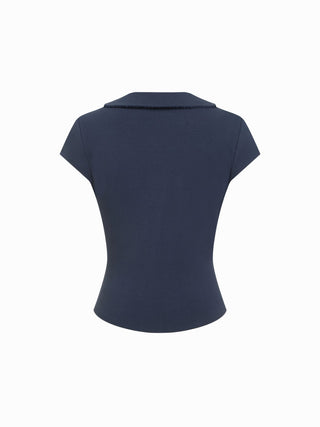 Cotton-blend Collar Lace Trim Button Front Tee