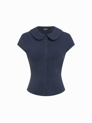 Cotton-blend Collar Lace Trim Button Front Tee