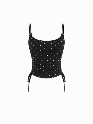 Polka Dot Drawstring Crop Cami Top & Low Rise Drawstring Micro Shorts Set
