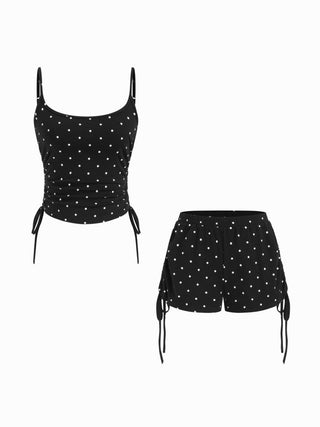 Polka Dot Drawstring Crop Cami Top & Low Rise Drawstring Micro Shorts Set