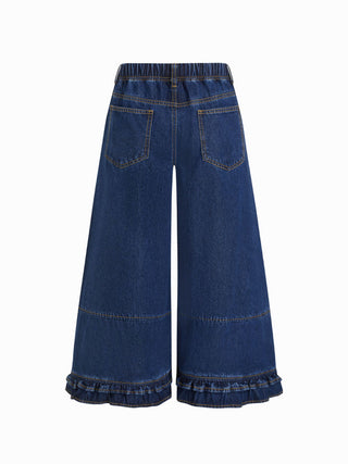 Washed Denim Low Rise Elastic Waist Wide Leg Cropped Bloomer Jeans