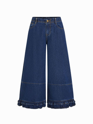 Washed Denim Low Rise Elastic Waist Wide Leg Cropped Bloomer Jeans