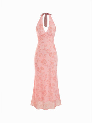Chiffon Sweetheart Floral Backless Tie Back Mermaid Maxi Dress