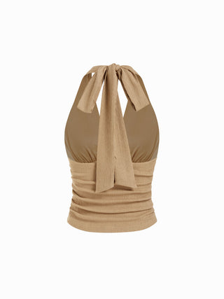 V-neck Bowknot Embellished Ruched Top