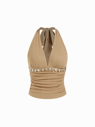 V-neck Bowknot Embellished Ruched Top
