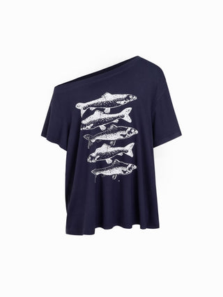 High Stretch Asymmetrical Neck Fish Graphic Oversized Short Sleeve Tee