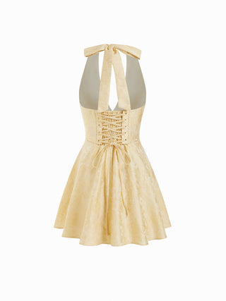 Jacquard Sculptural Halter V-neck Lace Up Backless Ruffle Mini Dress