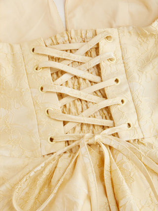 Jacquard Sculptural Halter V-neck Lace Up Backless Ruffle Mini Dress