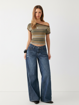 Striped Asymmetrical Neck Short Sleeve Top