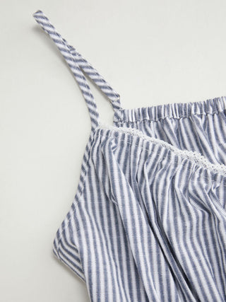 Cotton Stripe V-Neck Lace Panel Button Tie Back Peplum Cami Top