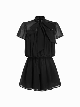 Chiffon Stand Collar Puff Sleeve Bowknot Drawstring Ruffle Romper