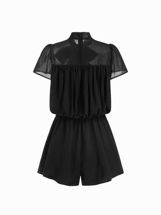 Chiffon Stand Collar Puff Sleeve Bowknot Drawstring Ruffle Romper