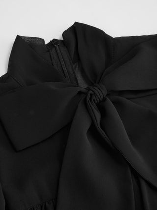 Chiffon Stand Collar Puff Sleeve Bowknot Drawstring Ruffle Romper