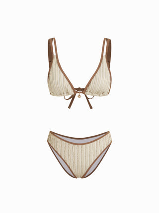 Textured V-neck Triangle Bikini Set With Shell Charm