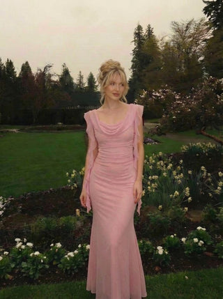 Cowl Neck Solid Ruffle Hem Ruched Maxi Dress