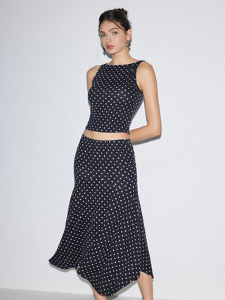 Boat Neck Polka Dot Top & Ruffle Hem Mid Rise Skirt Set