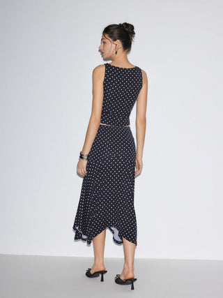 Boat Neck Polka Dot Top & Ruffle Hem Mid Rise Skirt Set
