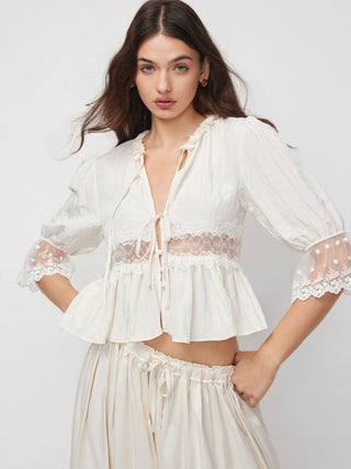 Round Neckline Lace Beaded Puff Sleeve Blouse