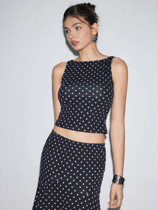 Boat Neck Polka Dot Top & Ruffle Hem Mid Rise Skirt Set