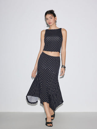 Boat Neck Polka Dot Top & Ruffle Hem Mid Rise Skirt Set