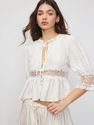 Round Neckline Lace Beaded Puff Sleeve Blouse