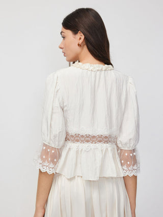 Round Neckline Lace Beaded Puff Sleeve Blouse