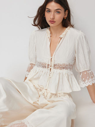 Round Neckline Lace Beaded Puff Sleeve Blouse