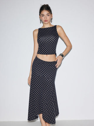 Boat Neck Polka Dot Top & Ruffle Hem Mid Rise Skirt Set