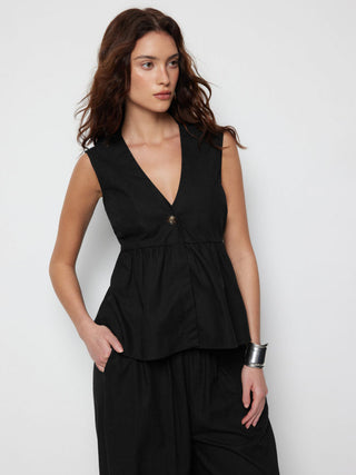 Linen-blend V-neck Ruched Peplum Top & Mid Rise Wide Leg Trousers Set