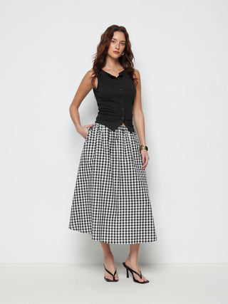 Cotton Button Top &  Gingham A-line Maxi Skirt Set