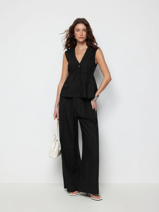 Linen-blend V-neck Ruched Peplum Top & Mid Rise Wide Leg Trousers Set