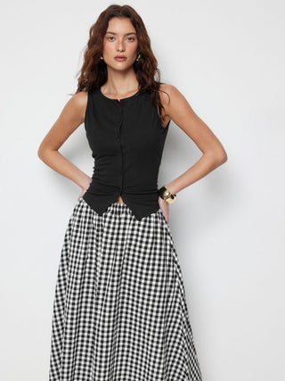 Cotton Button Top &  Gingham A-line Maxi Skirt Set