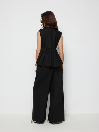 Linen-blend V-neck Ruched Peplum Top & Mid Rise Wide Leg Trousers Set
