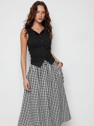 Cotton Button Top &  Gingham A-line Maxi Skirt Set