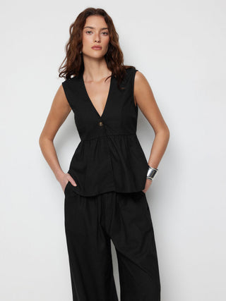 Linen-blend V-neck Ruched Peplum Top & Mid Rise Wide Leg Trousers Set
