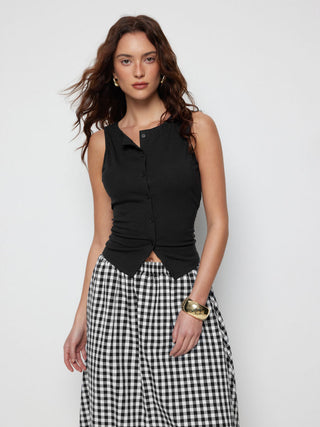 Cotton Button Top &  Gingham A-line Maxi Skirt Set