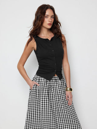 Cotton Button Top &  Gingham A-line Maxi Skirt Set