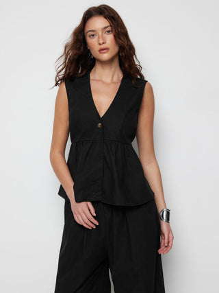Linen-blend V-neck Ruched Peplum Top & Mid Rise Wide Leg Trousers Set